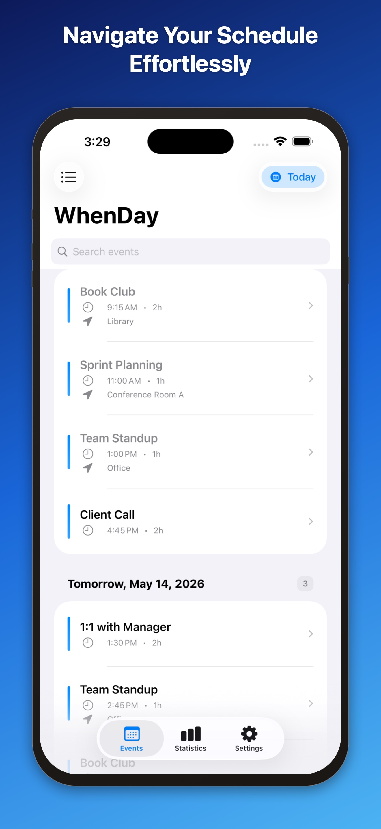 WhenDay list view with upcoming events on iPhone