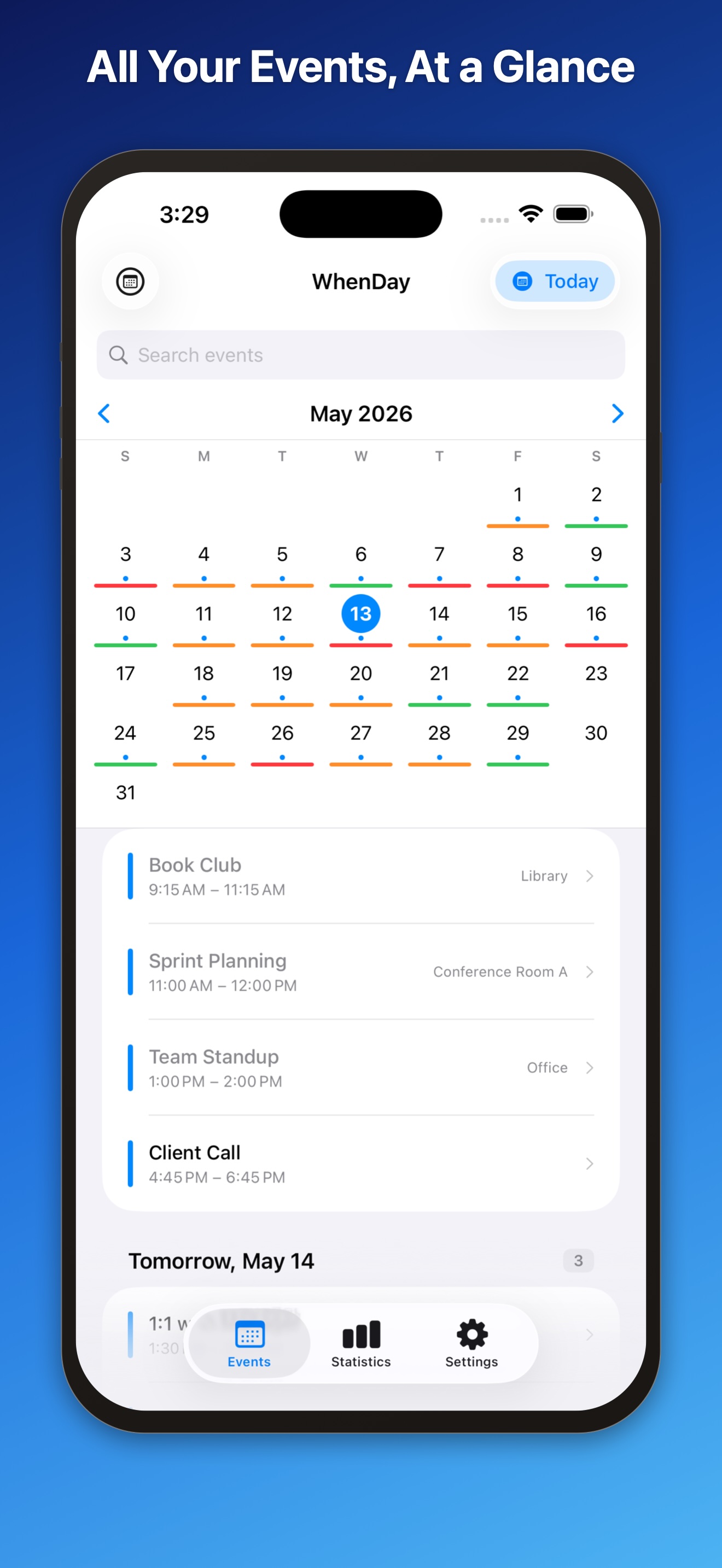 WhenDay month view with event details on iPhone
